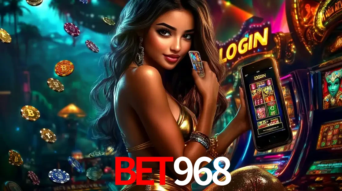 Mulher em um cenário de cassino temático de aventura, mostrando o app de caça-níqueis da bet968 no celular. Fichas de apostas flutuam ao redor.