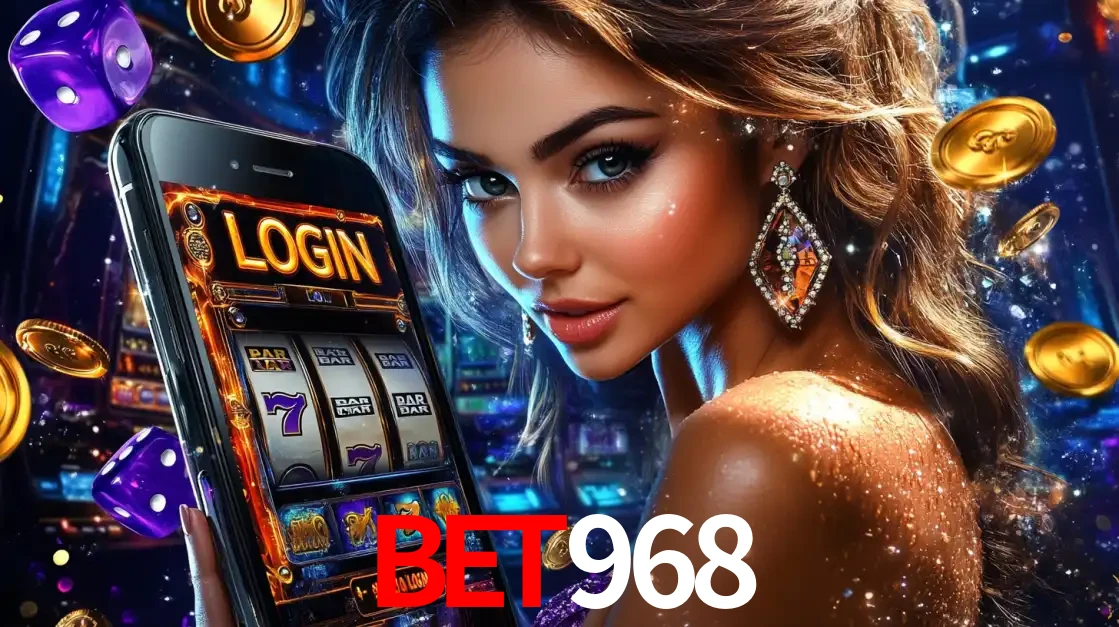 Mulher glamorosa segurando um smartphone com a tela de login para os jogos de caça-níqueis do cassino online bet968, com moedas de ouro e dados ao redor.