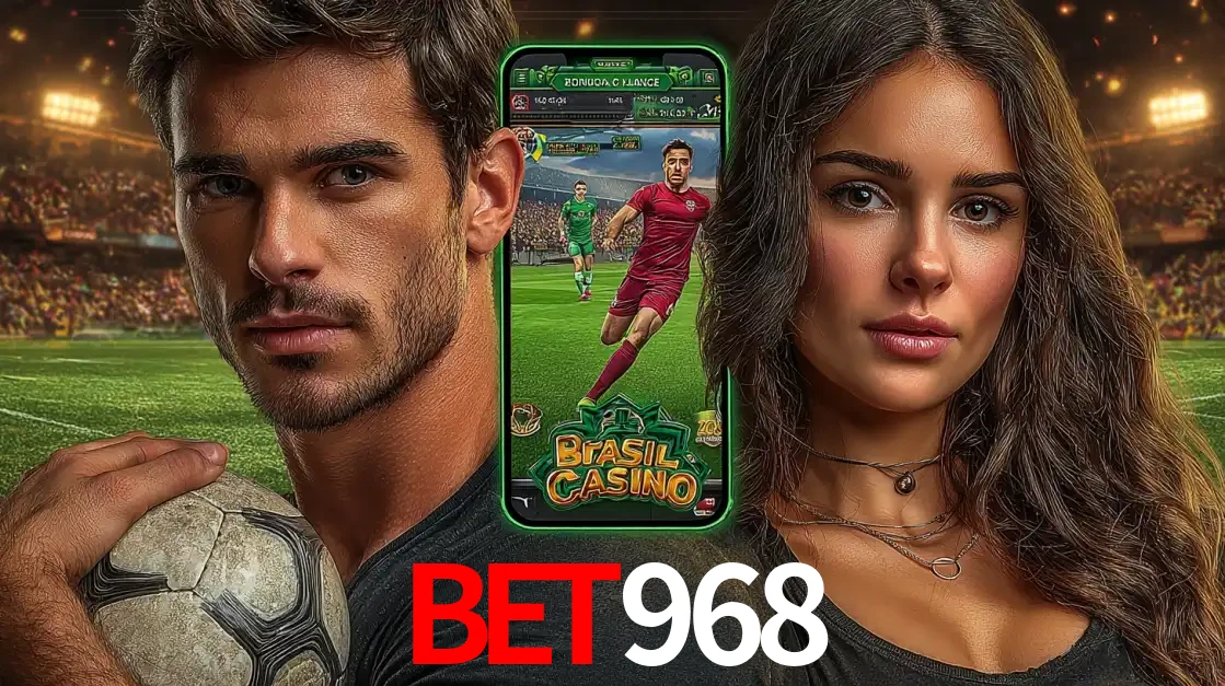 Homem segurando uma bola de futebol e uma mulher ao lado de um smartphone exibindo o jogo de apostas esportivas da bet968. Faça seu palpite no cassino online.